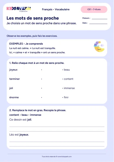 Relier des synonymes et remplacer joli et joyeux dans une phrase au CE1 — fiche à imprimer