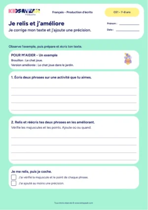 Relire deux phrases personnelles et ajouter une précision au CE1 — fiche de production d’écrits à imprimer