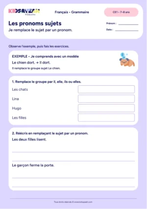 Remplacer le groupe sujet par un pronom au CE1 — fiche de grammaire CE1 à imprimer