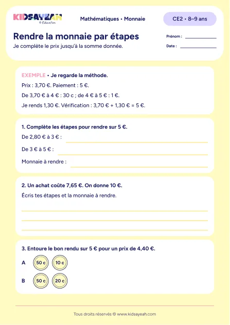 Rendre la monnaie en calculant des compléments CE2