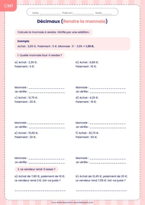 Rendre la monnaie et vérifier le calcul au CM1 : fiche Rendre la monnaie