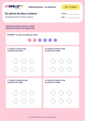 Répartir 6 jetons en rose et violet en GS — fiche à imprimer