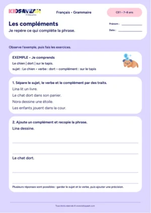 Repérer et ajouter des compléments dans une phrase au CE1 — fiche de grammaire CE1 à imprimer