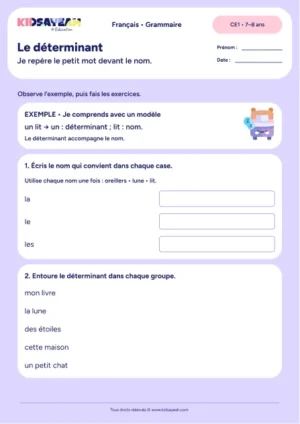 Repérer le déterminant devant le nom au CE1 — fiche de grammaire CE1 à imprimer