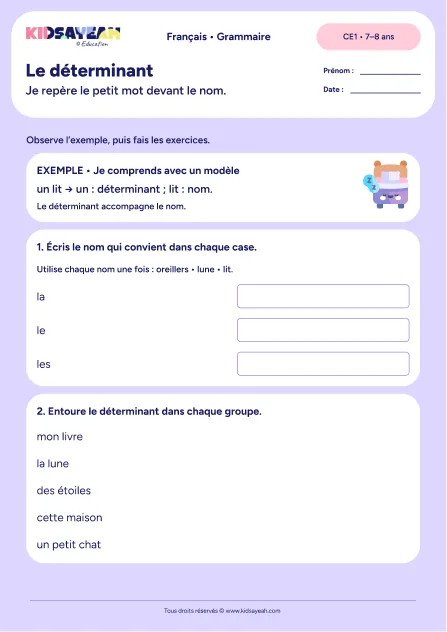 Repérer le déterminant devant le nom au CE1 — fiche de grammaire CE1 à imprimer