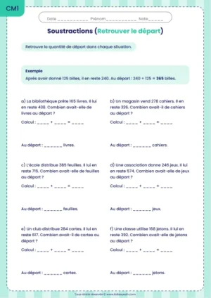 Retrouver une quantité de départ après un retrait au CM1 : fiche Retrouver le départ