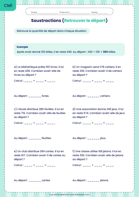Retrouver une quantité de départ après un retrait au CM1 : fiche Retrouver le départ