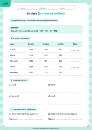Calculer un stock avec des entrées et des sorties au CM1 : fiche Entrées et sorties