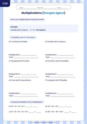 Calculer un total de groupes égaux au CM1 : fiche Groupes égaux