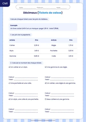 Calculer le total de tickets de caisse au CM1 : fiche Tickets de caisse
