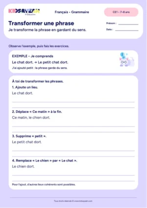 Transformer une phrase par ajout déplacement et remplacement au CE1 — fiche de grammaire CE1 à imprimer