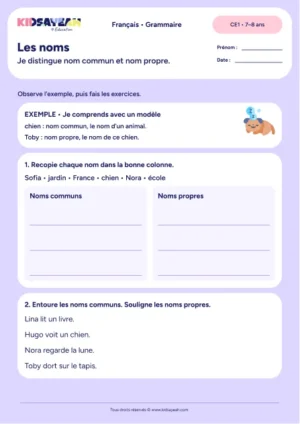 Trier les noms communs et les noms propres au CE1 — fiche de grammaire CE1 à imprimer