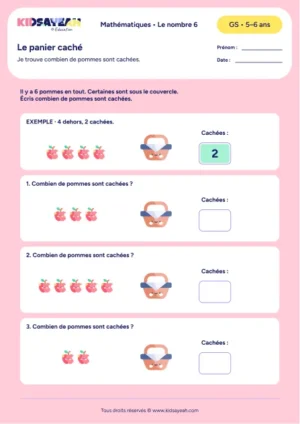 Trouver les pommes cachées pour faire 6 en GS — fiche à imprimer